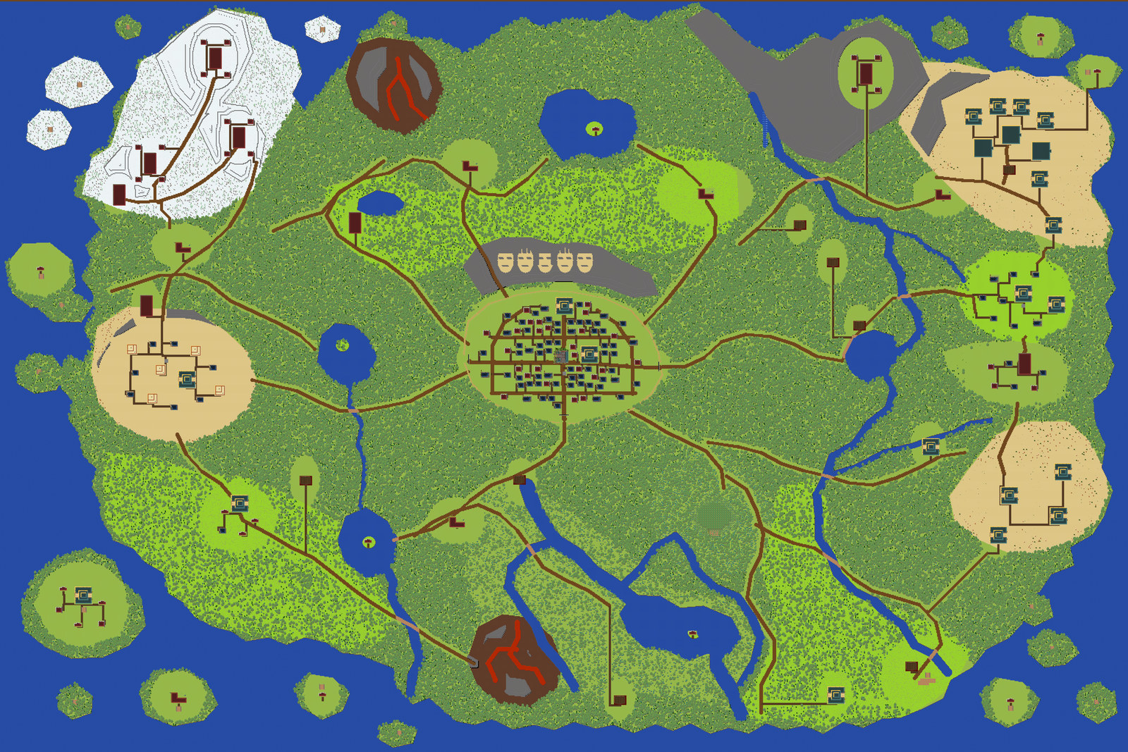 Mapa świata Naruto: Konoha w centrum, śnieżne góry na północnym zachodzie, pustynie i wioski na wschodzie, jeziora, rzeki, wulkany i wyspy.